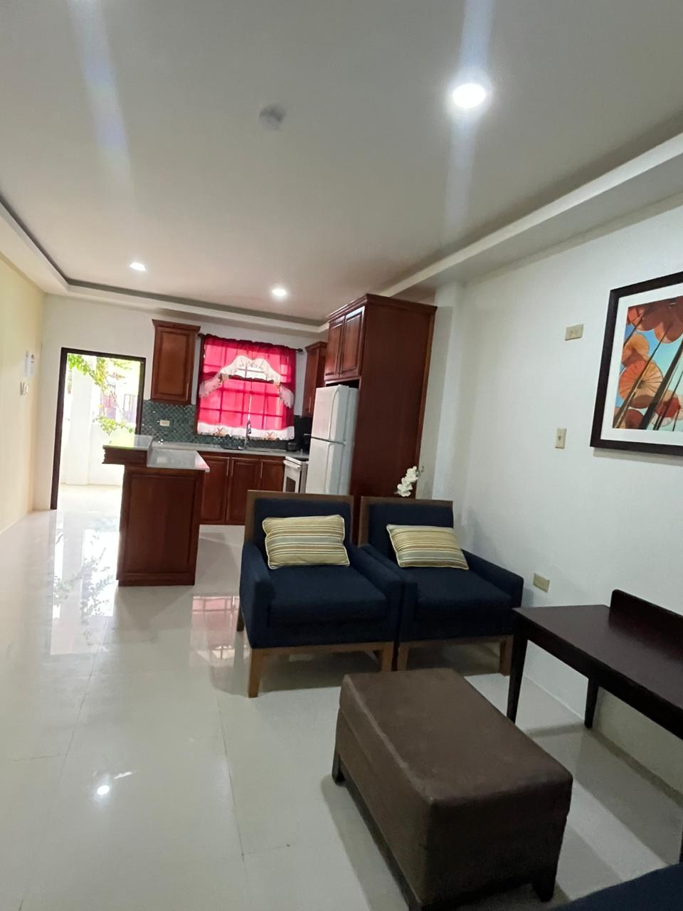 Living area opening onto the kitchen and front door